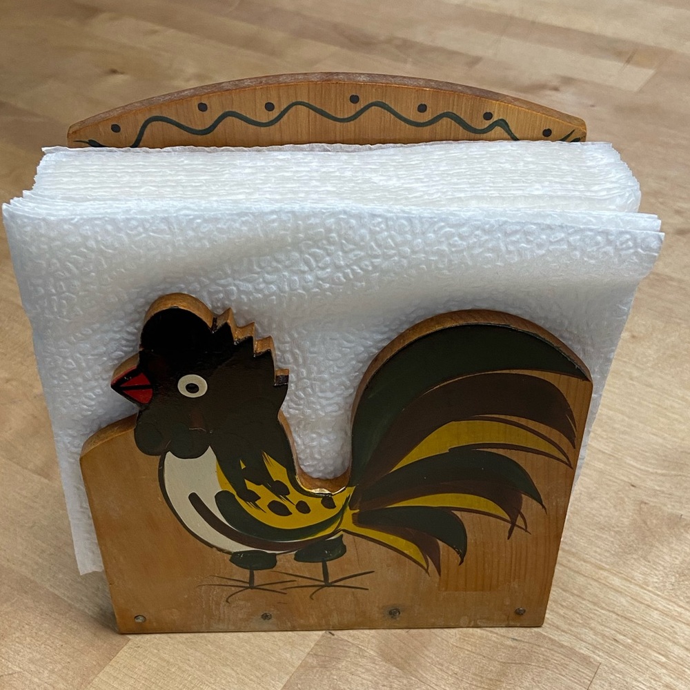 Rooster wooden napkin holder Mid Century Modern hand painted 1950’s era